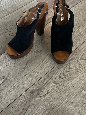 CHANEL Black Suede Platform Slingback Heels